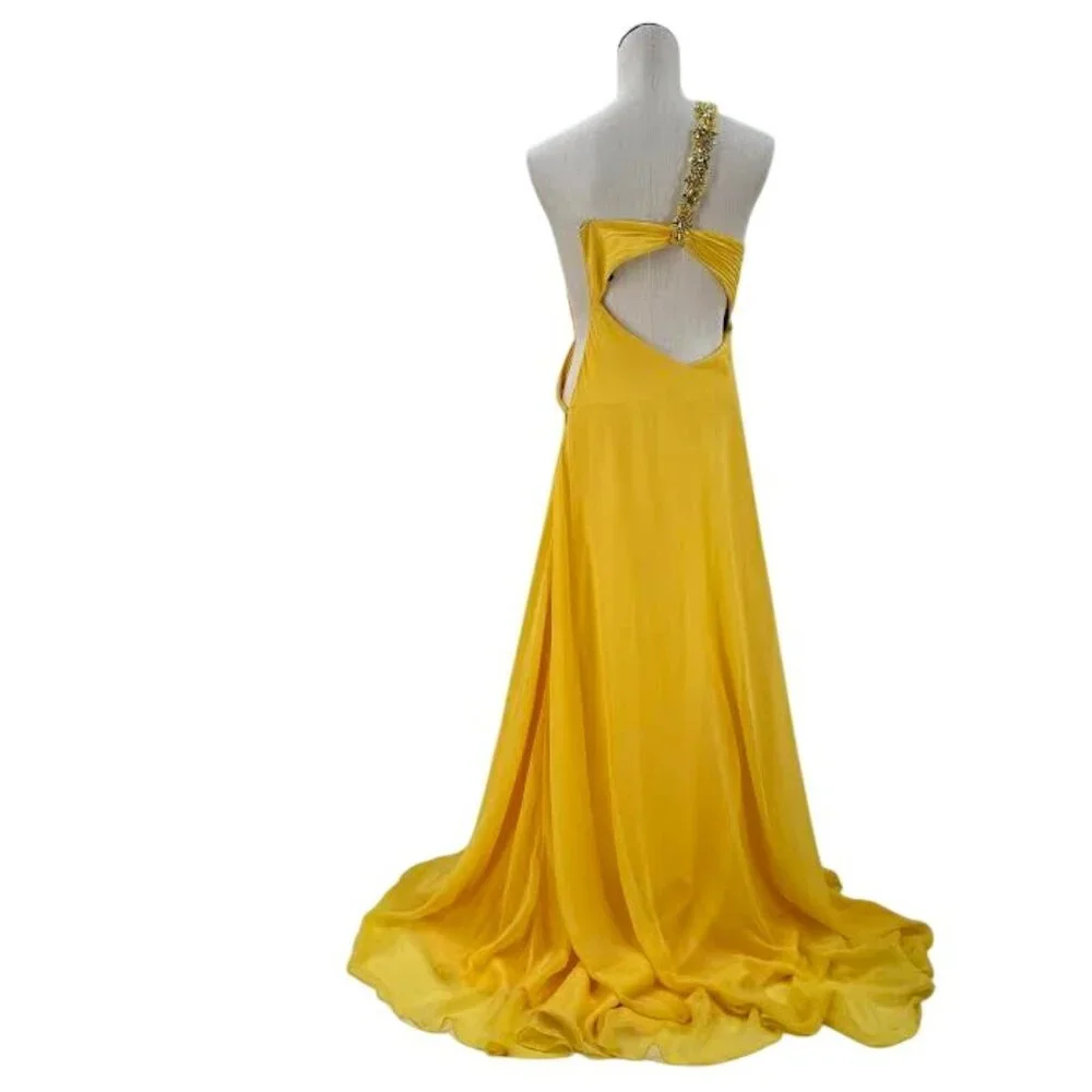 Sunshine Yellow Chiffon Draped Asymmetrical Strap Formal Gown - Picture 6 of 8